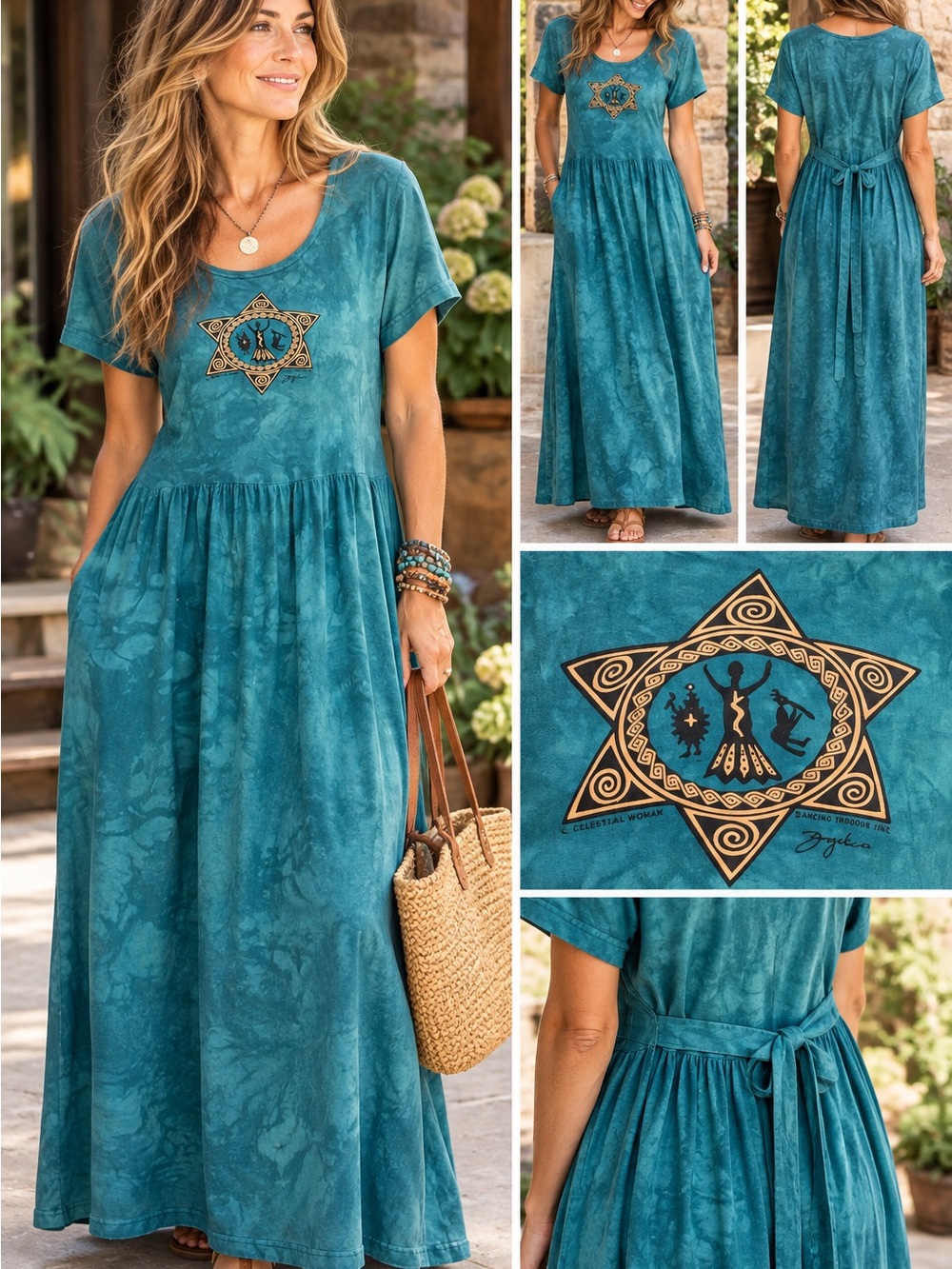 Dagoli 90s Teal Tie Dye Cotton Maxi Dress L Boho Wearable Art